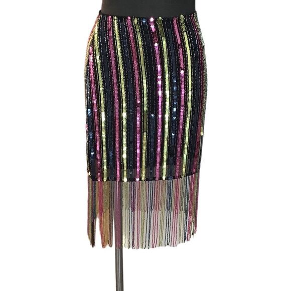 Nasty Gal Stripe Tassel Beaded Hem Mini Skirt New Size 6 - Picture 3 of 11